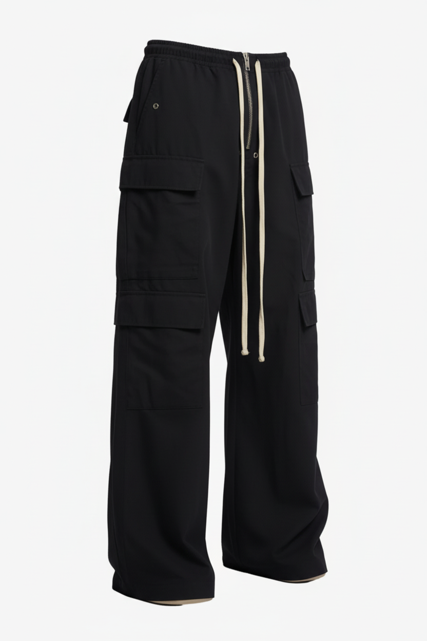 Woven Multi-Pocket Baggy Flared Pants - Three-Quarter View